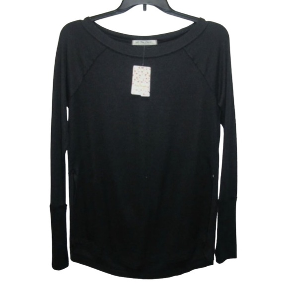 FREE PEOPLE Snowy Black Thermal Waffle-knit Oversized Long Sleeve Top EUC - Picture 2 of 7